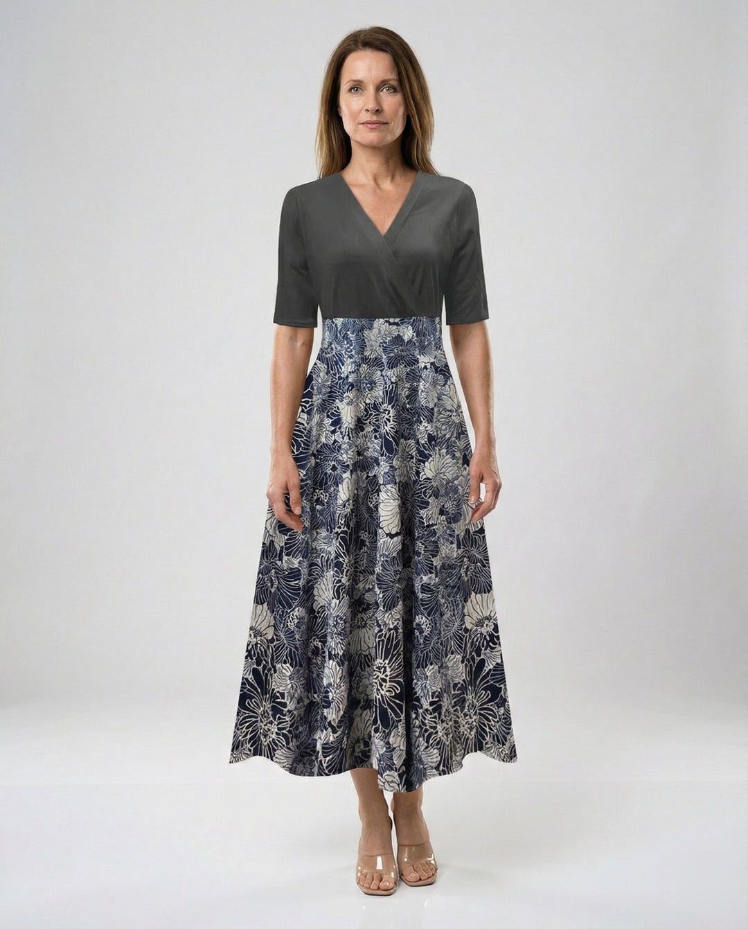 Damen Wickel Maxikleid mit V-Ausschnitt