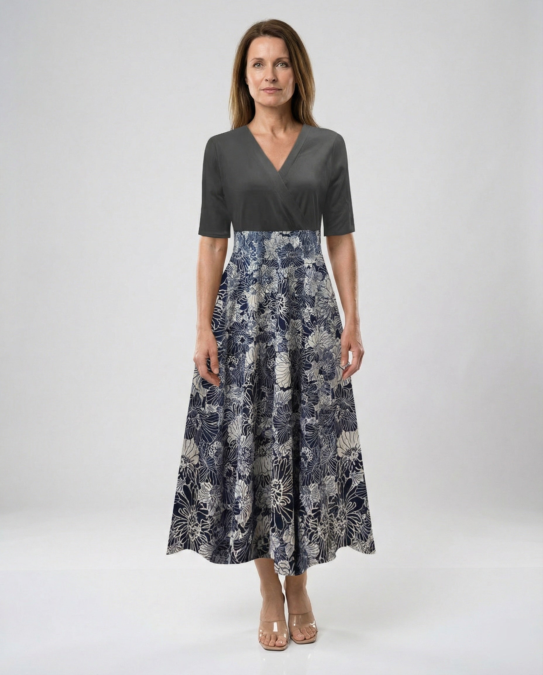 Damen Wickel Maxikleid mit V-Ausschnitt