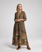 Damen Maxikleid Sommer Leinenoptik V-Ausschnitt