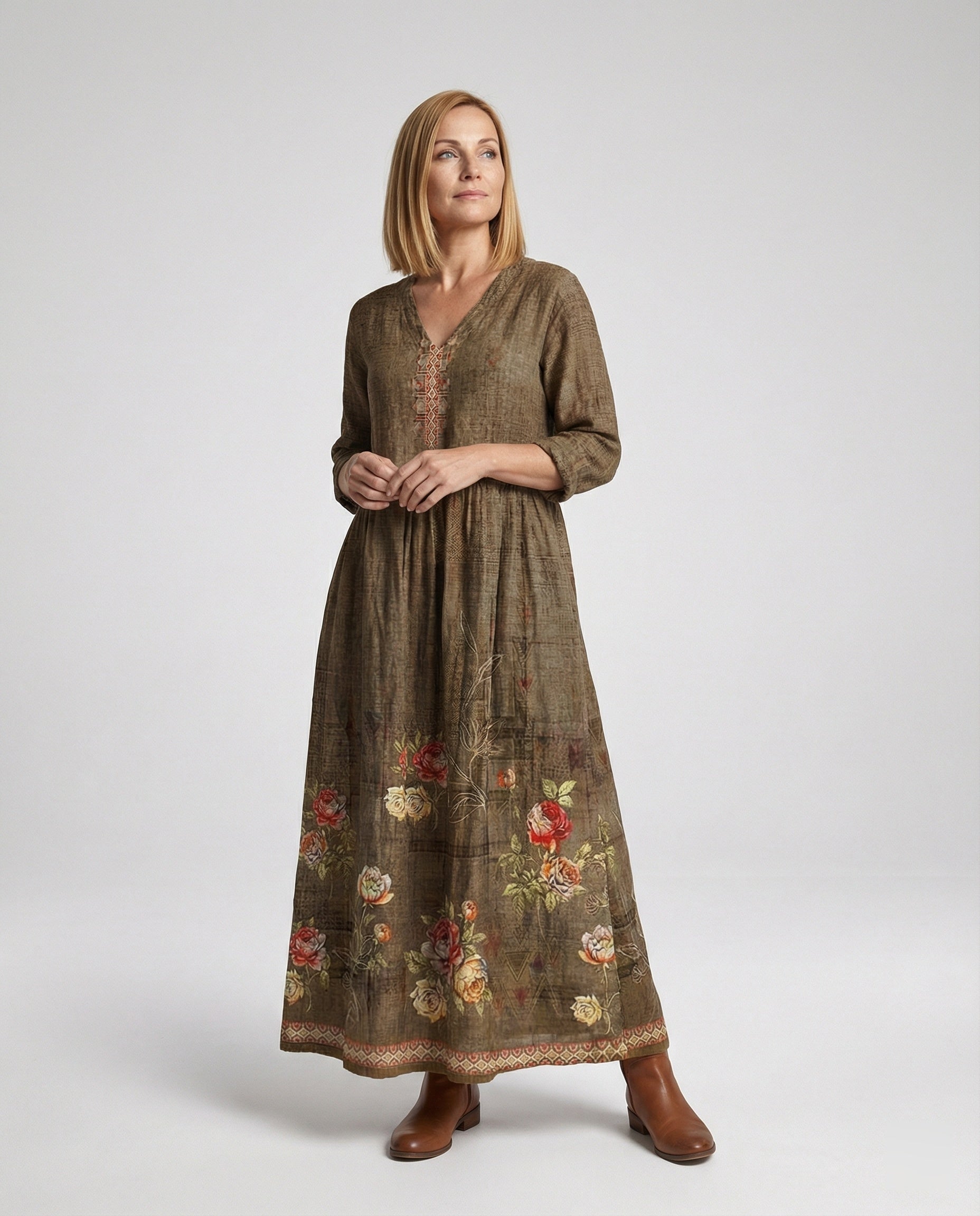 Damen Maxikleid Sommer Leinenoptik V-Ausschnitt