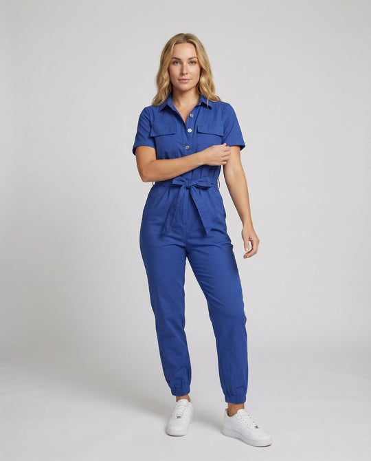Damen lässiger Jumpsuit mit tailliertem Schnitt und durchgehender Knopfleiste R&B