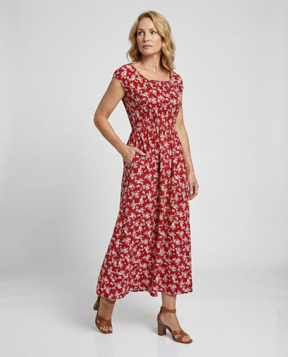 Damen Midikleid Smockbund Sommer