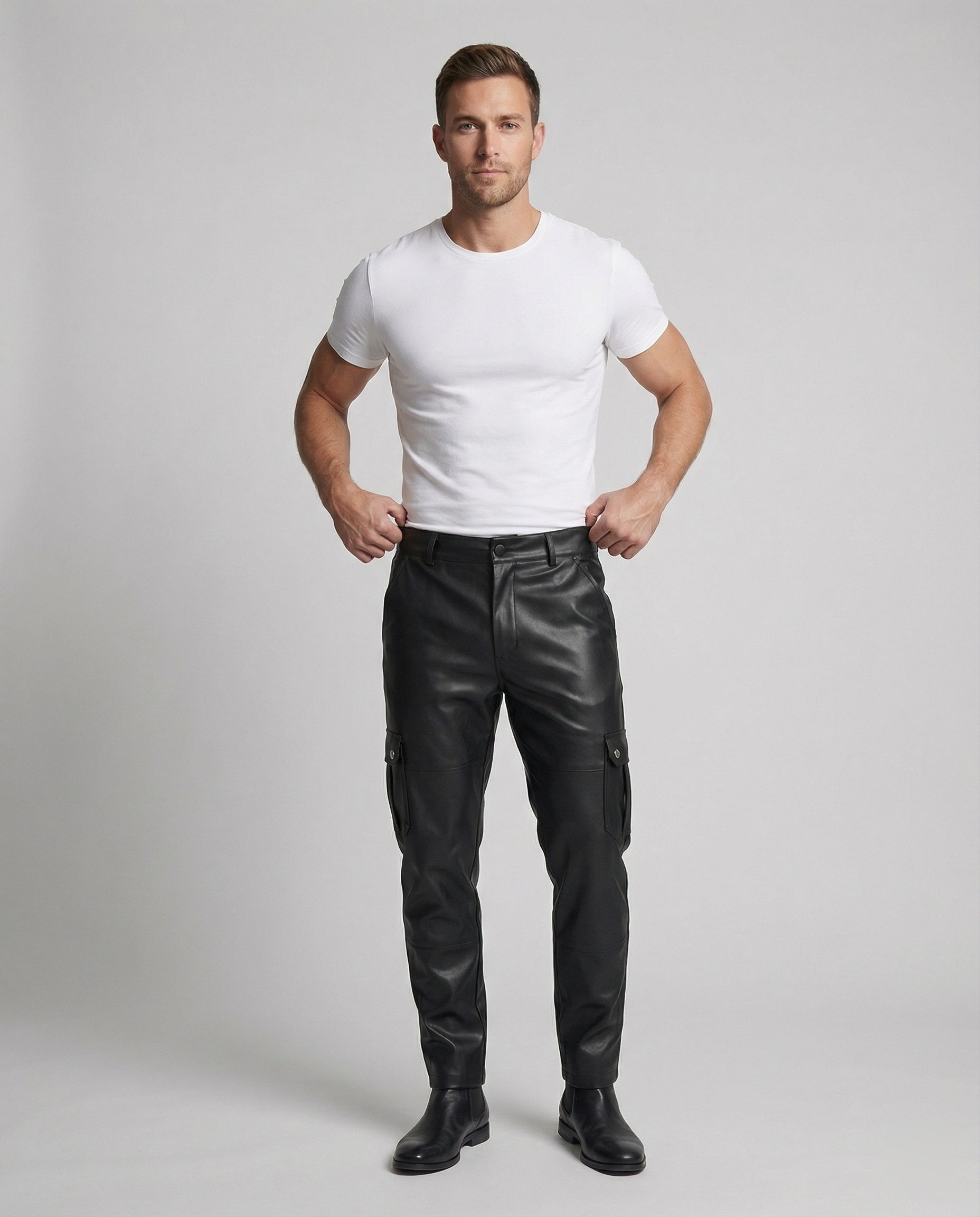 Herren Kunstleder Cargo-Hose mit Seitentaschen