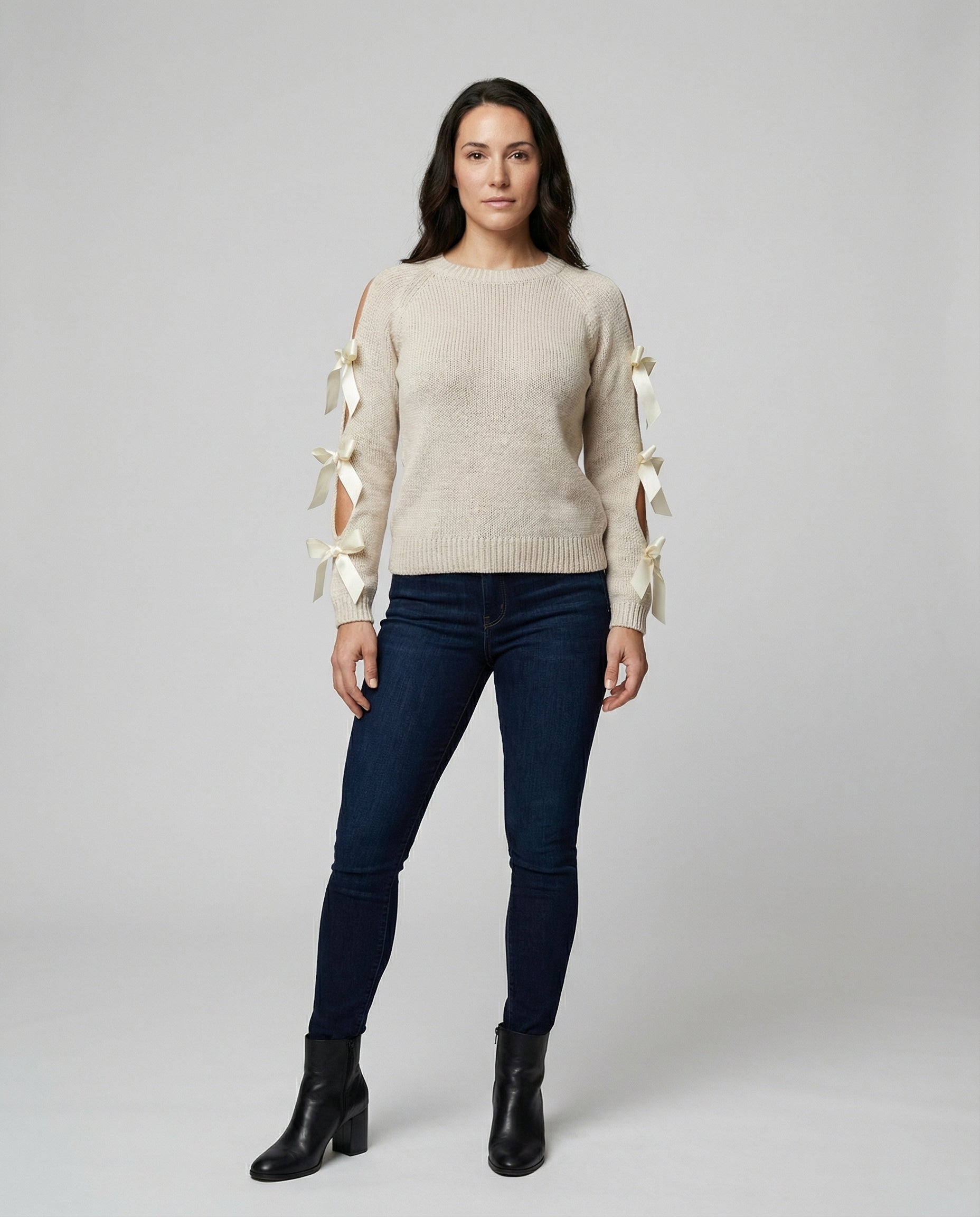 Damen Strickpullover mit offener Schulter und raffinierten Schleifendetails R&B