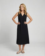 Damen Midi Kleid ärmellos mit V-Ausschnitt – Schwarz A-Linie
