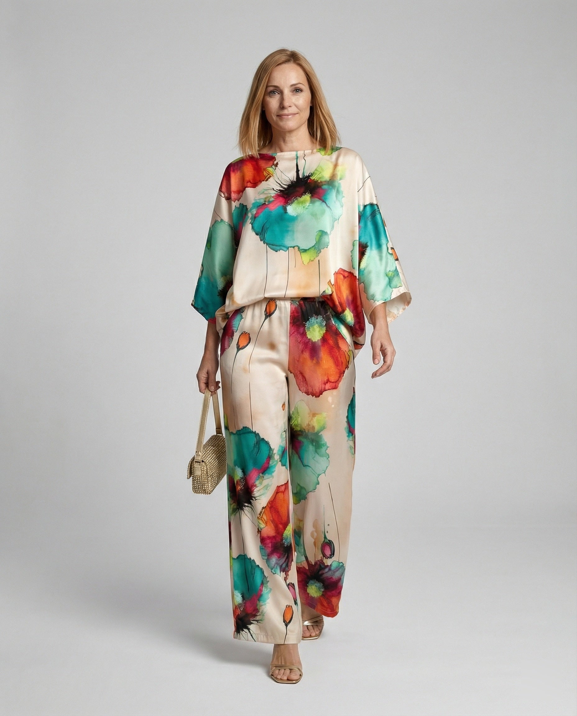 Damen Zweiteiler Set Satin Kimono