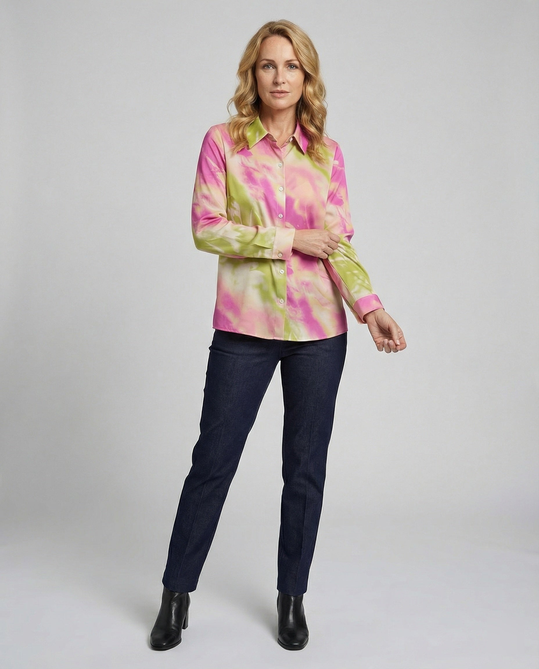 Damen Blusentop Viskose Batik mit Kentkragen