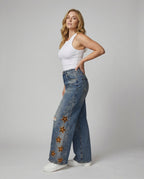 Damen Weit geschnittene Jeans im floralen Design mit bunten Applikationen R&B