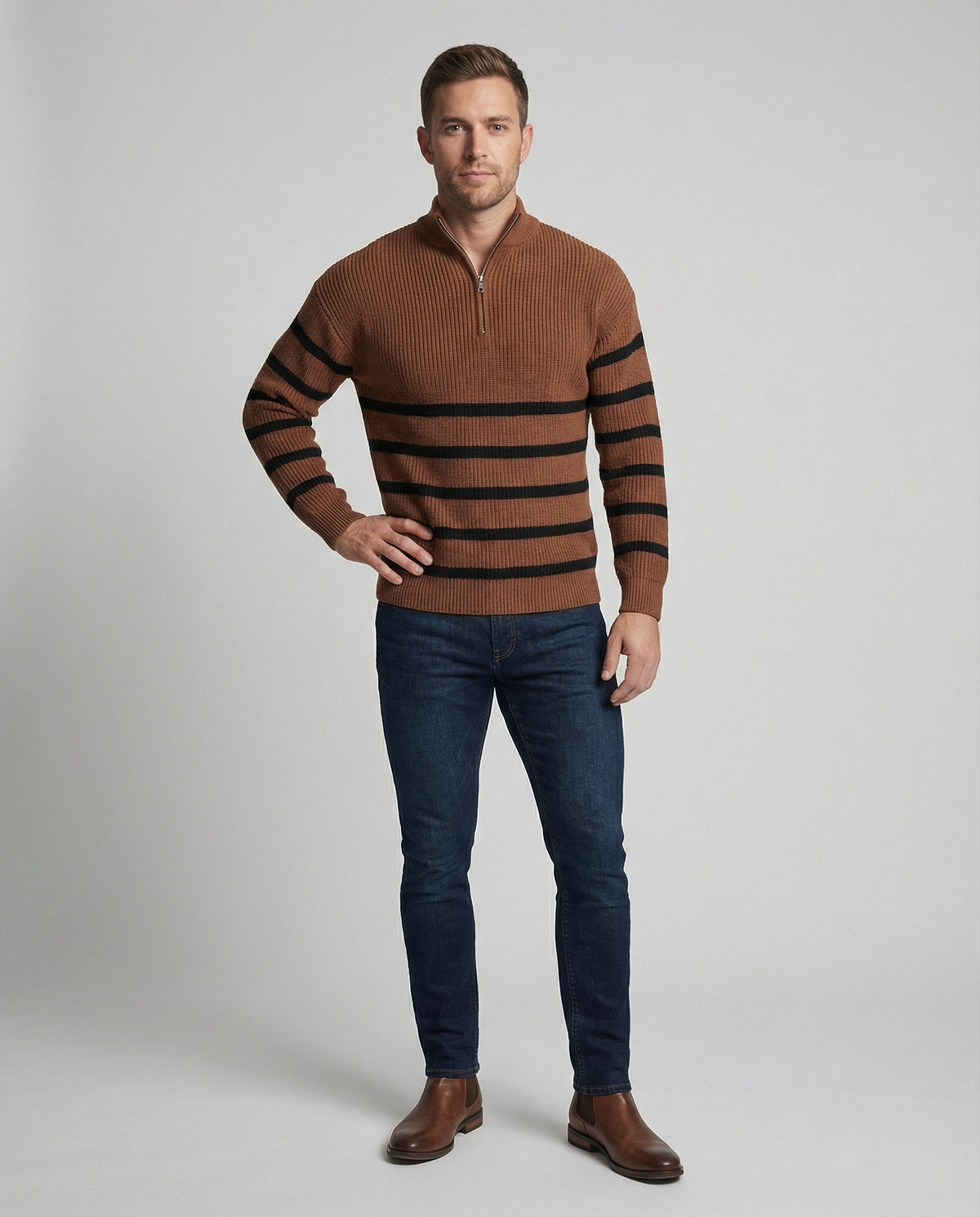 Herren Strickpullover mit modernem Halbreißverschluss und gestreiftem Design R&B