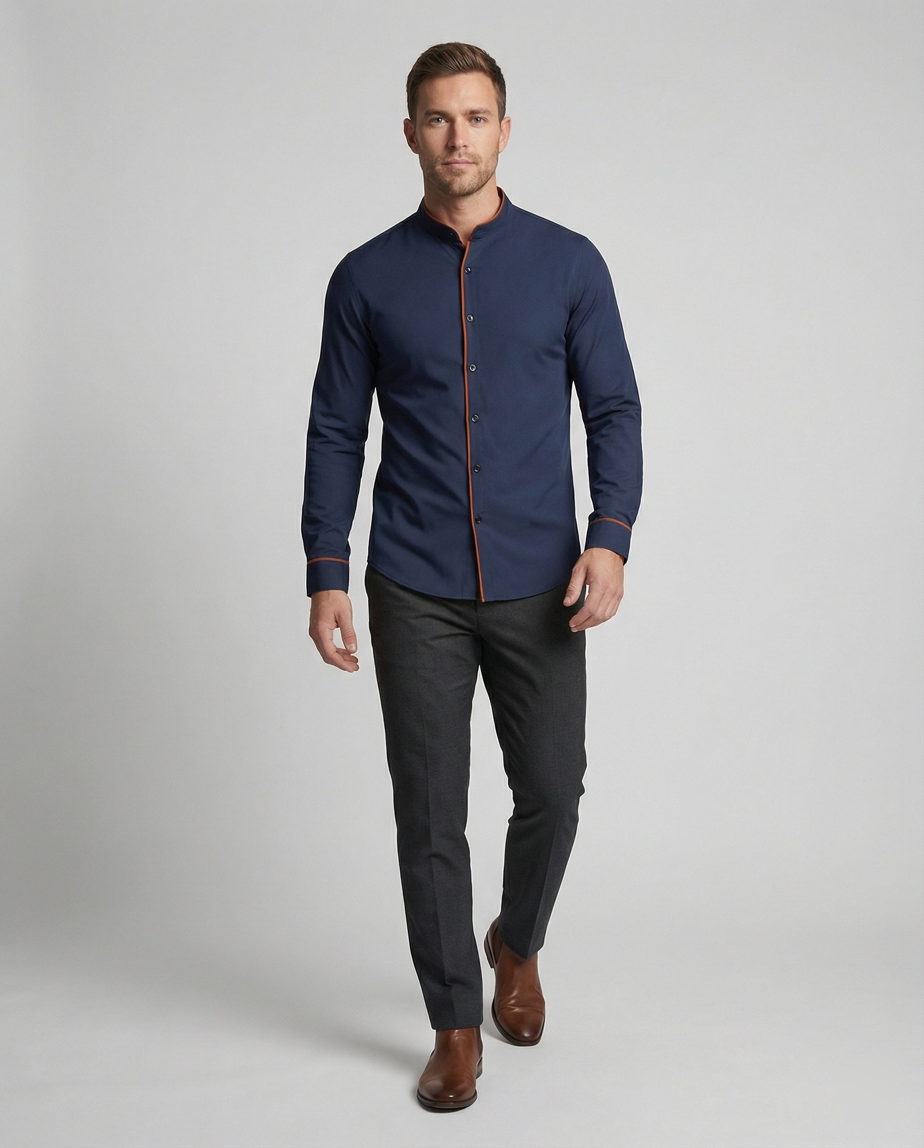 Herren elegantes Langarmhemd mit modernem Stehkragen und Kontrastnähten R&B