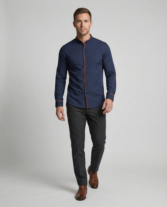 Herren elegantes Langarmhemd mit modernem Stehkragen und Kontrastnähten R&B
