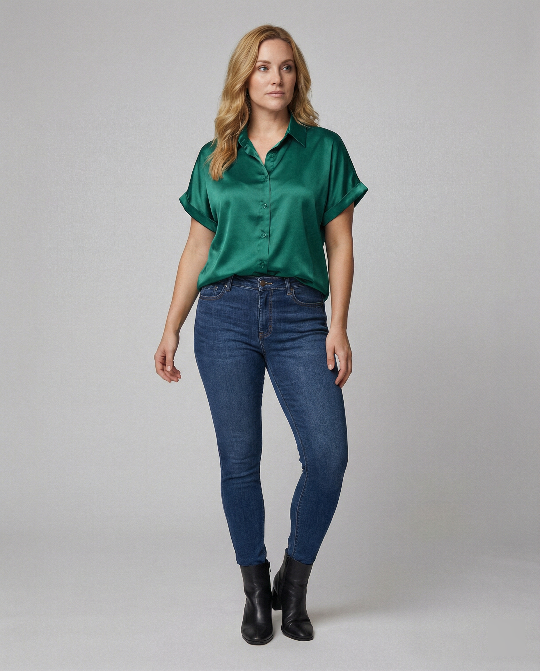 Damen Satin-Bluse mit großem Kragen und überschnittenen Schultern R&B