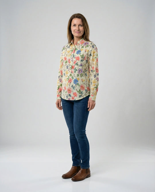 Damen Bluse Leinen Floral