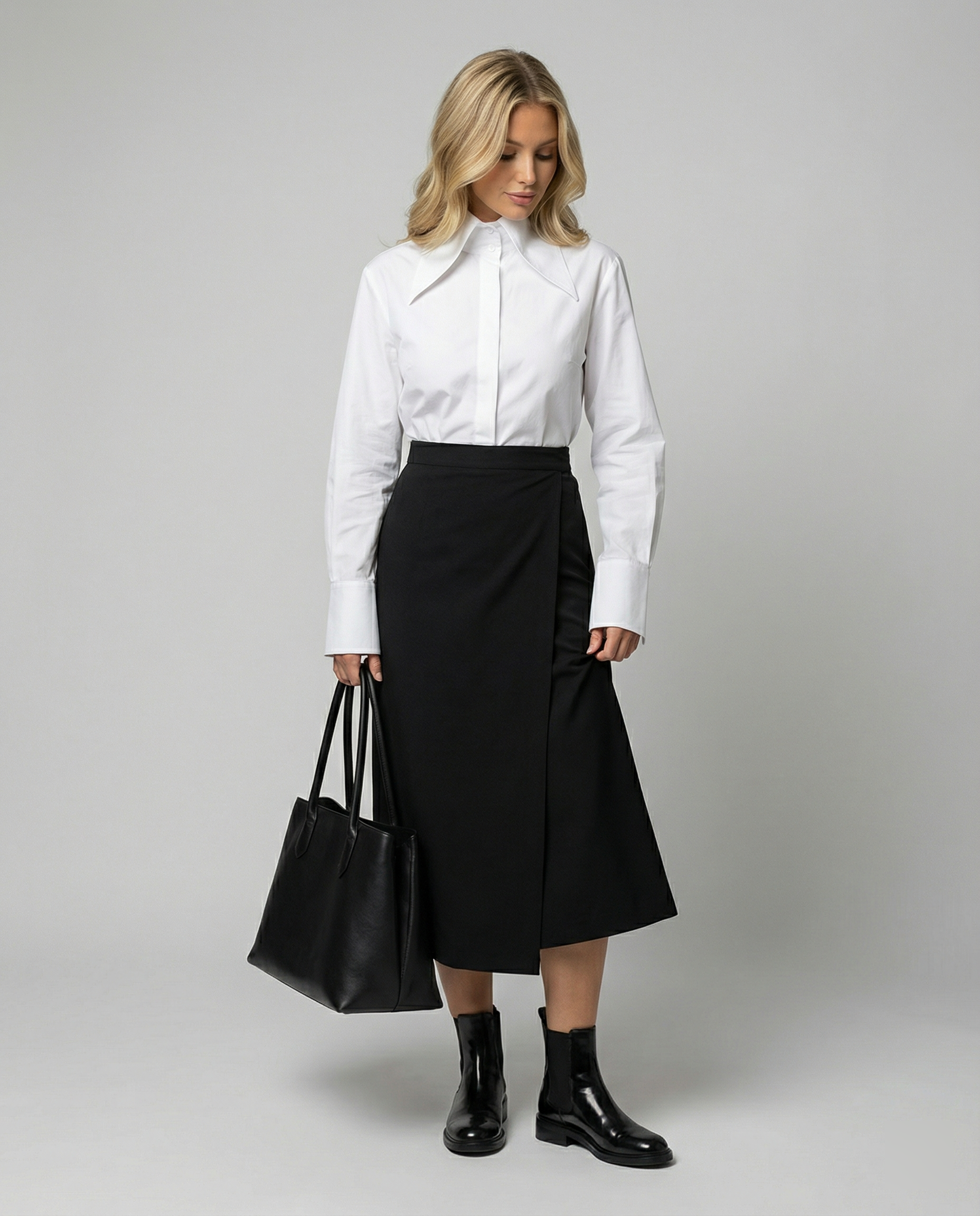 Satinrock Schwarz Damen Midi mit seitlichem Schlitz