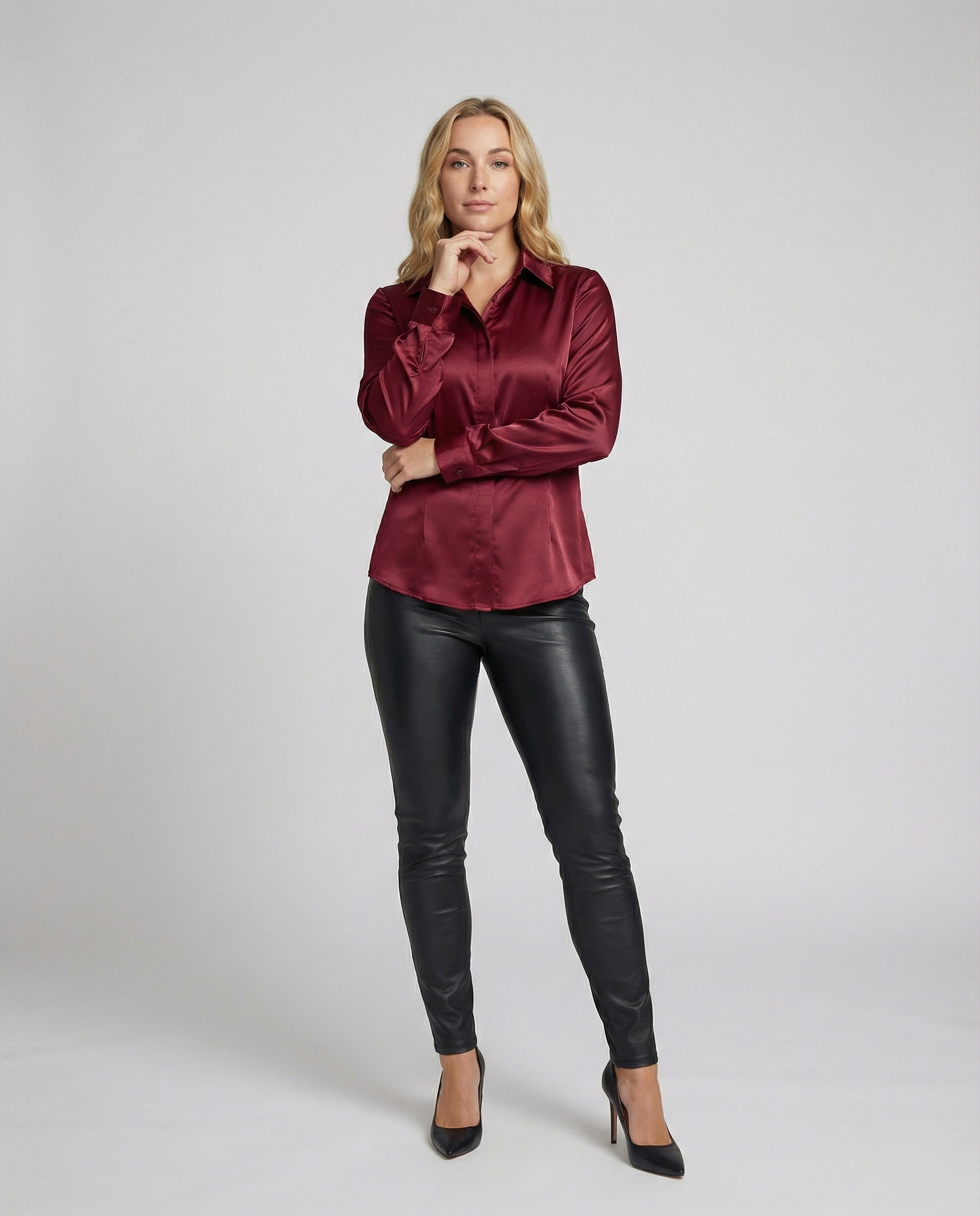 Damen Satin-Bluse mit klassischem Kragen R&B