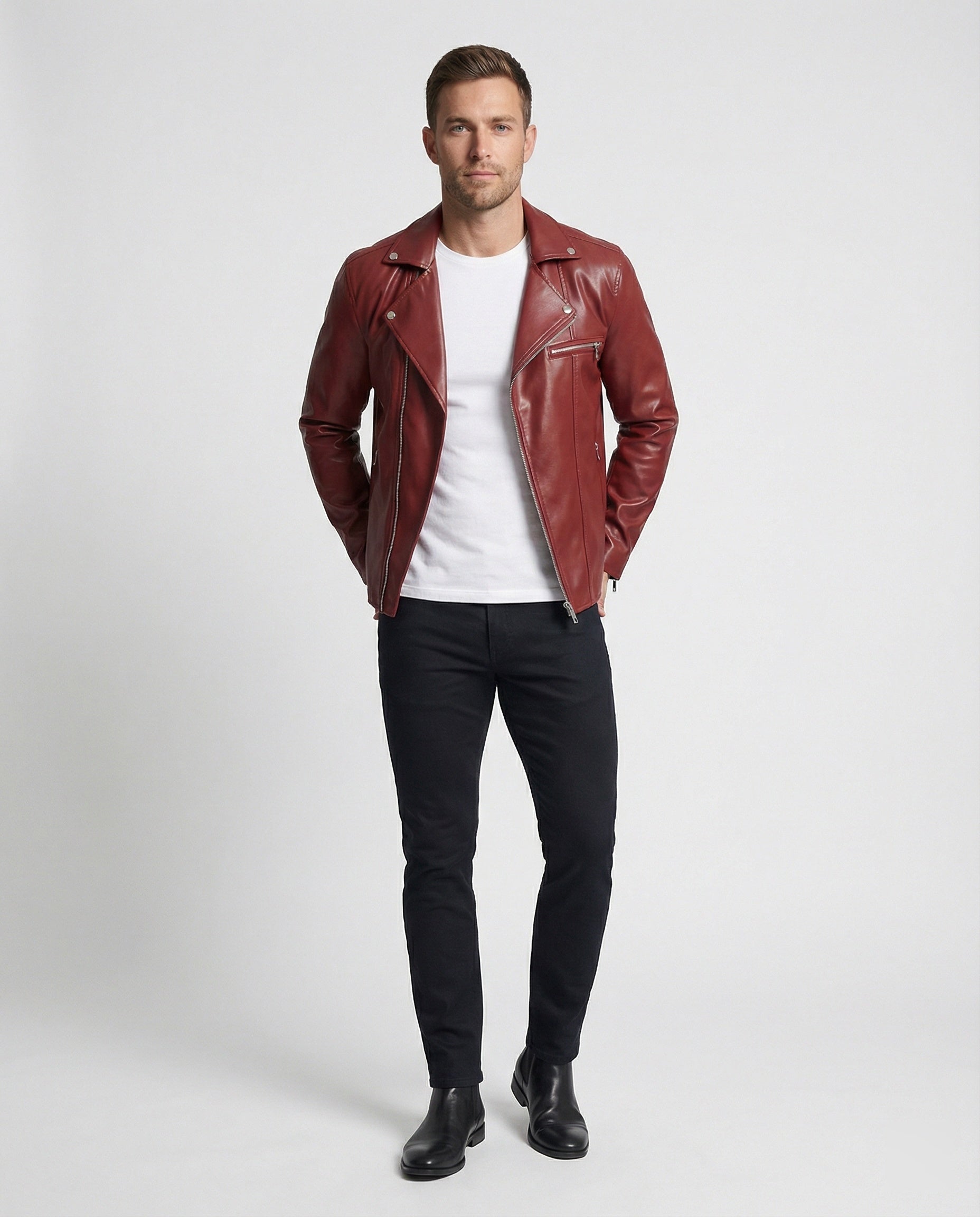 Herren Kunstleder Bikerjacke mit Designdetails