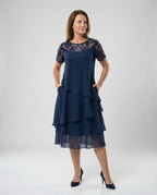Damen Elegantes Schichtkleid mit Spitzenärmel und asymmetrischem Saum R&B