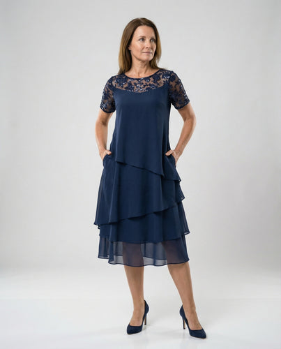 Damen Elegantes Schichtkleid mit Spitzenärmel und asymmetrischem Saum R&B