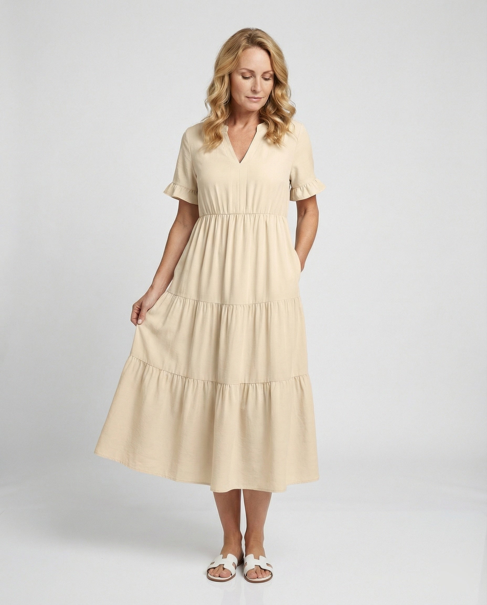 Damen Midikleid Stufen mit Volant