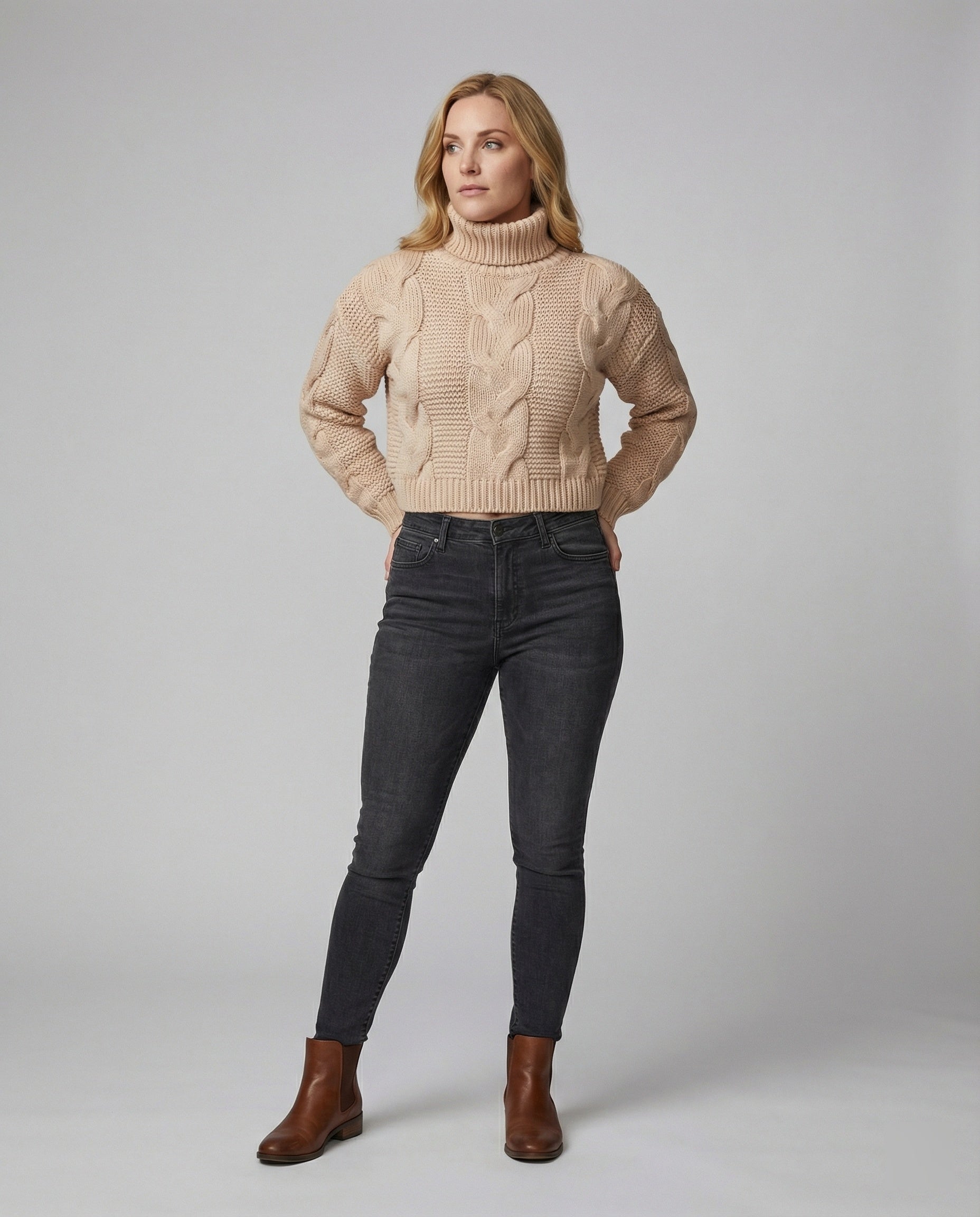 Damen oversized Strickpullover mit hohem Kragen und modischem Zopfmuster R&B