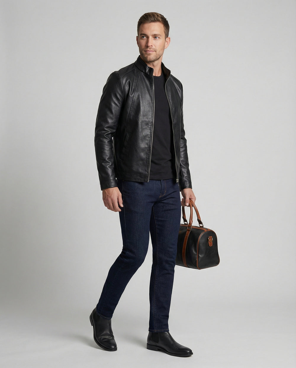 Herren elegante Kunstlederjacke mit Stehkragen R&B