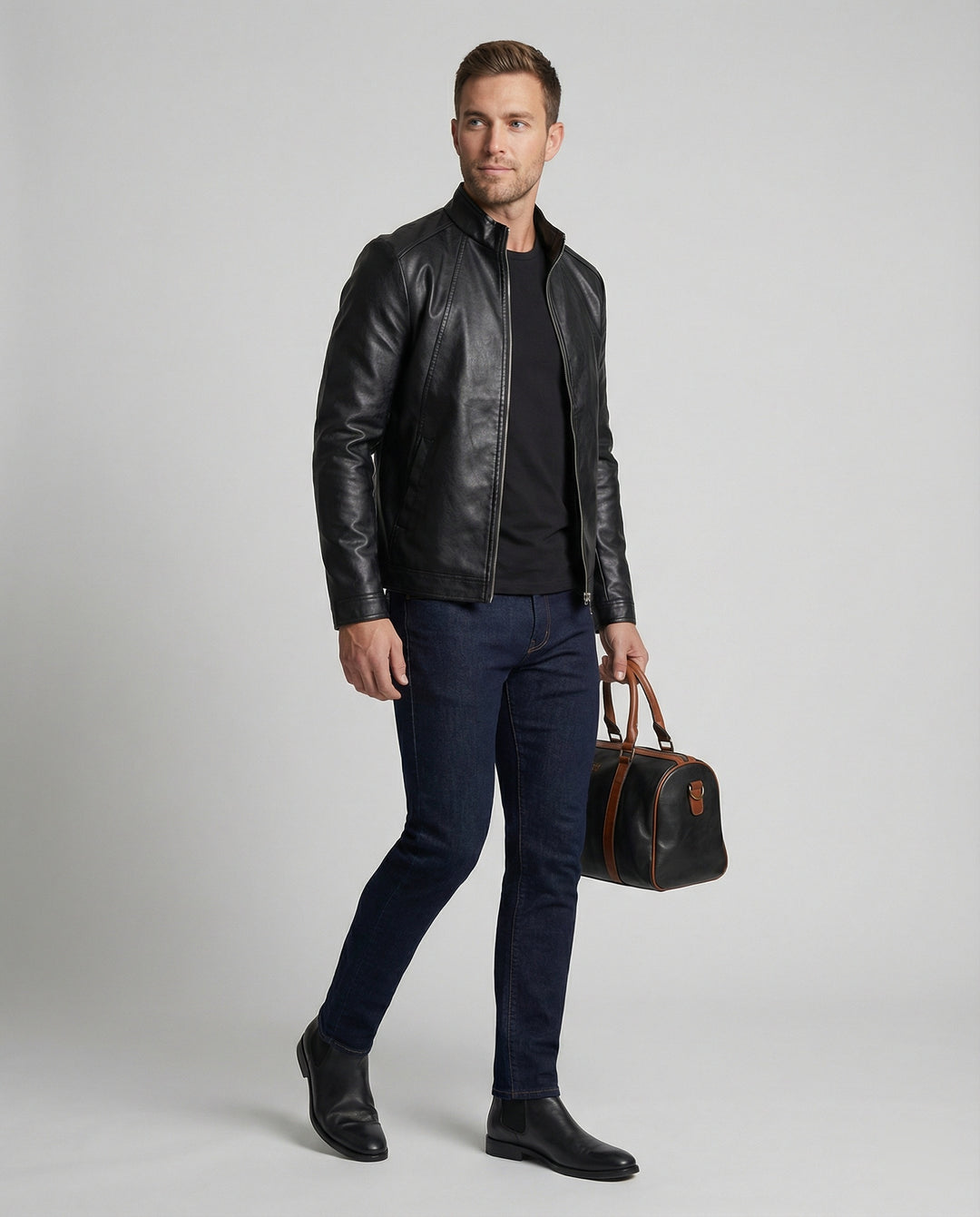 Herren elegante Kunstlederjacke mit Stehkragen R&B