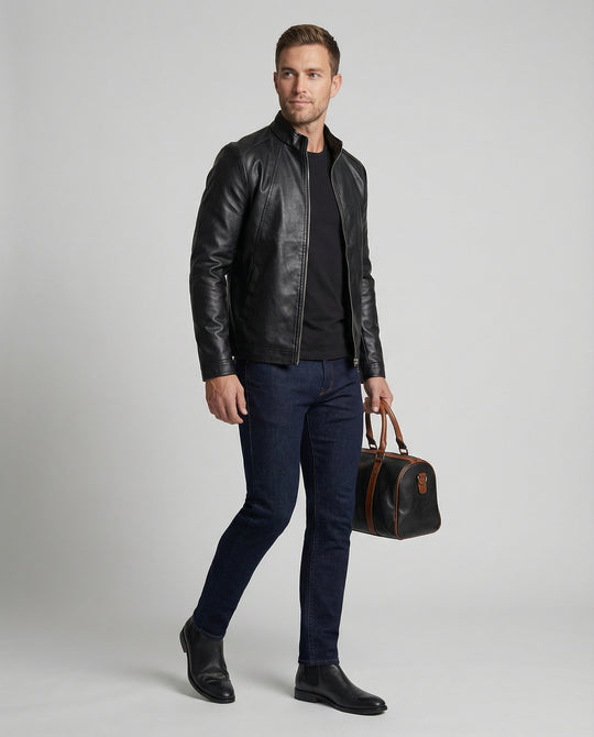 Herren elegante Kunstlederjacke mit Stehkragen R&B