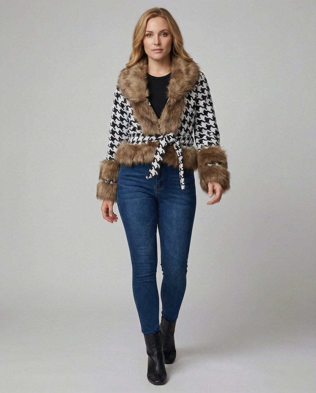 Übergangsjacke Damen elegant mit Kunstfell und Hahnentrittmuster