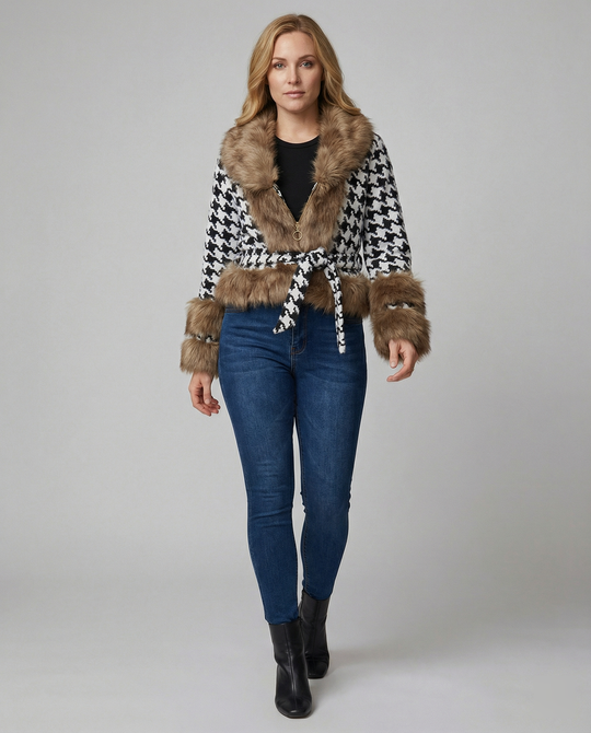 Übergangsjacke Damen elegant mit Kunstfell und Hahnentrittmuster