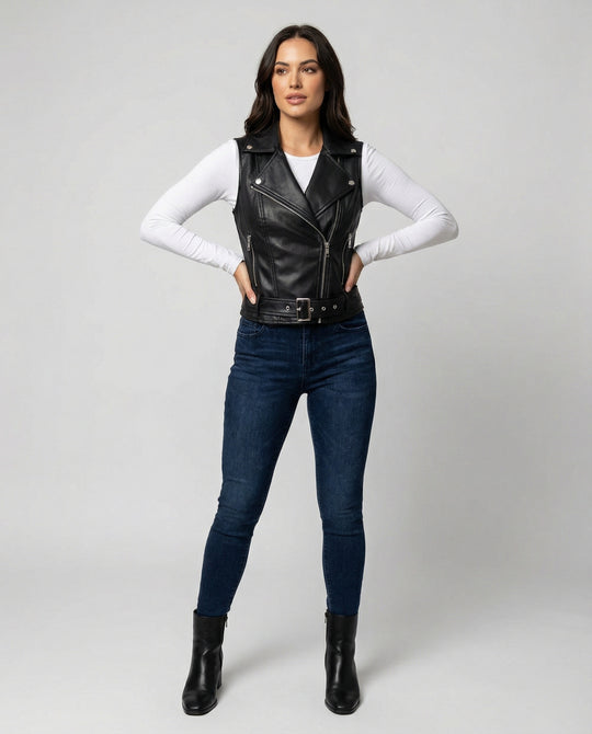 Damen Kunstleder Bikerjacke mit Gürtel