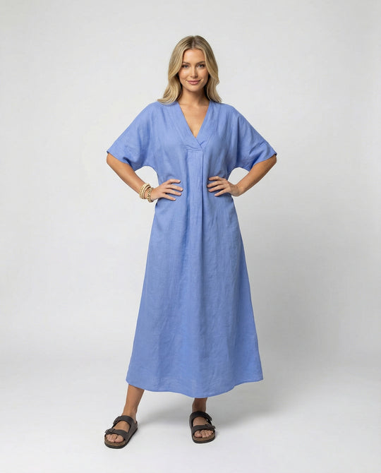 Damen lässiges Leinen-Maxikleid mit V-Ausschnitt und weit geschnittenen Ärmeln R&B
