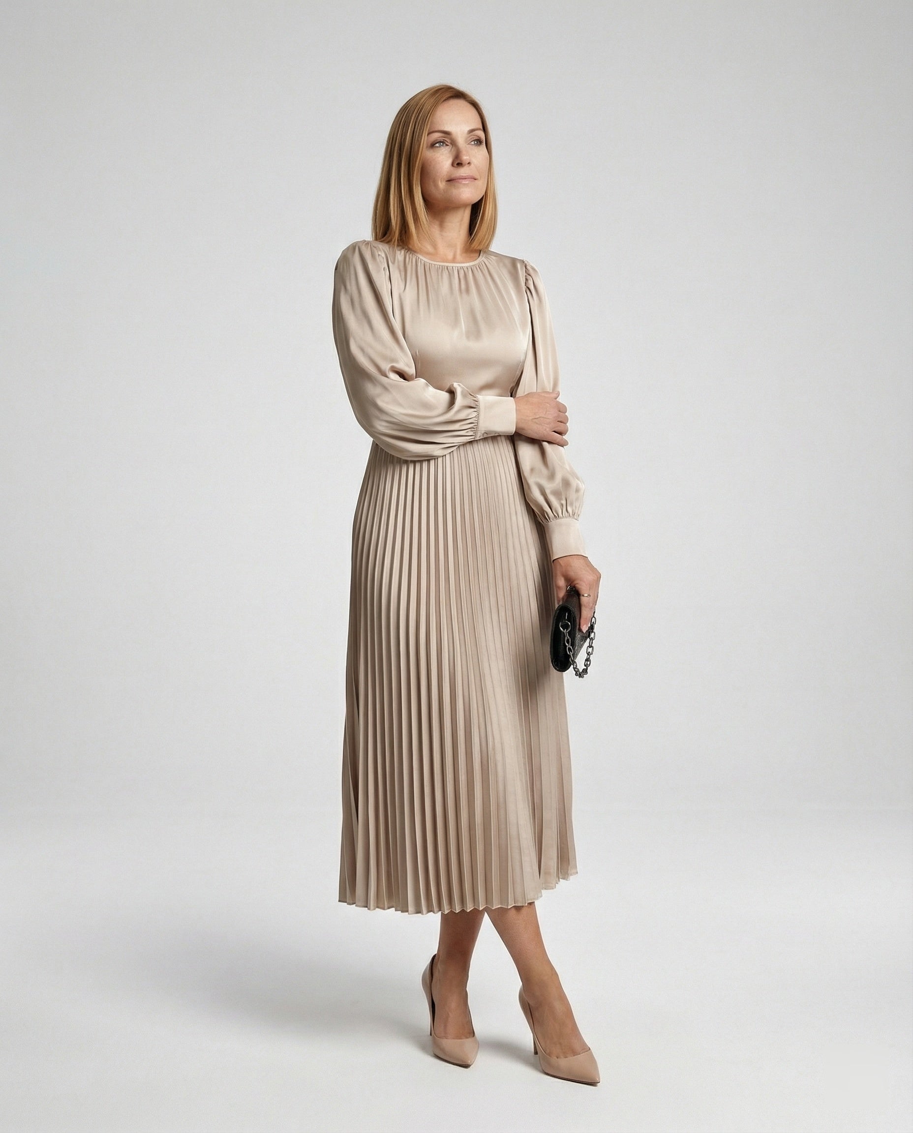 Damen Midikleid Plissee Satinoptik