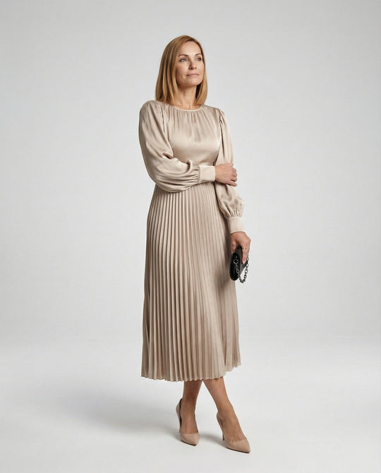 Damen Midikleid Plissee Satinoptik