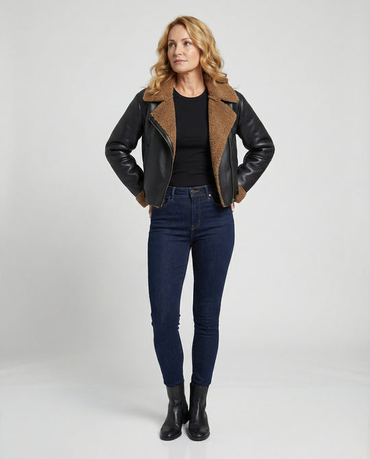 Damen Lederjacke Schwarz mit Teddykragen