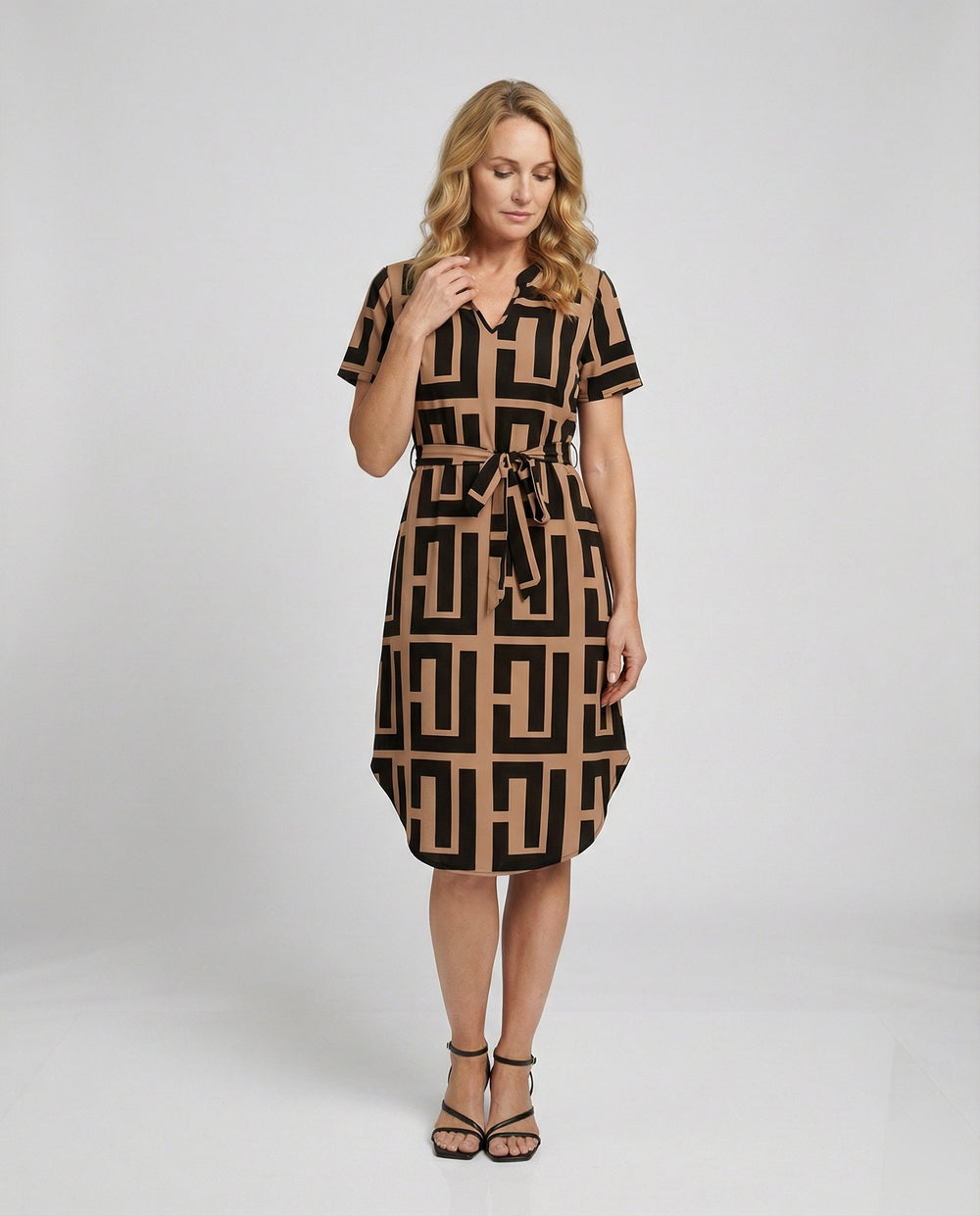 Damen Midikleid mit Muster und Gürtel