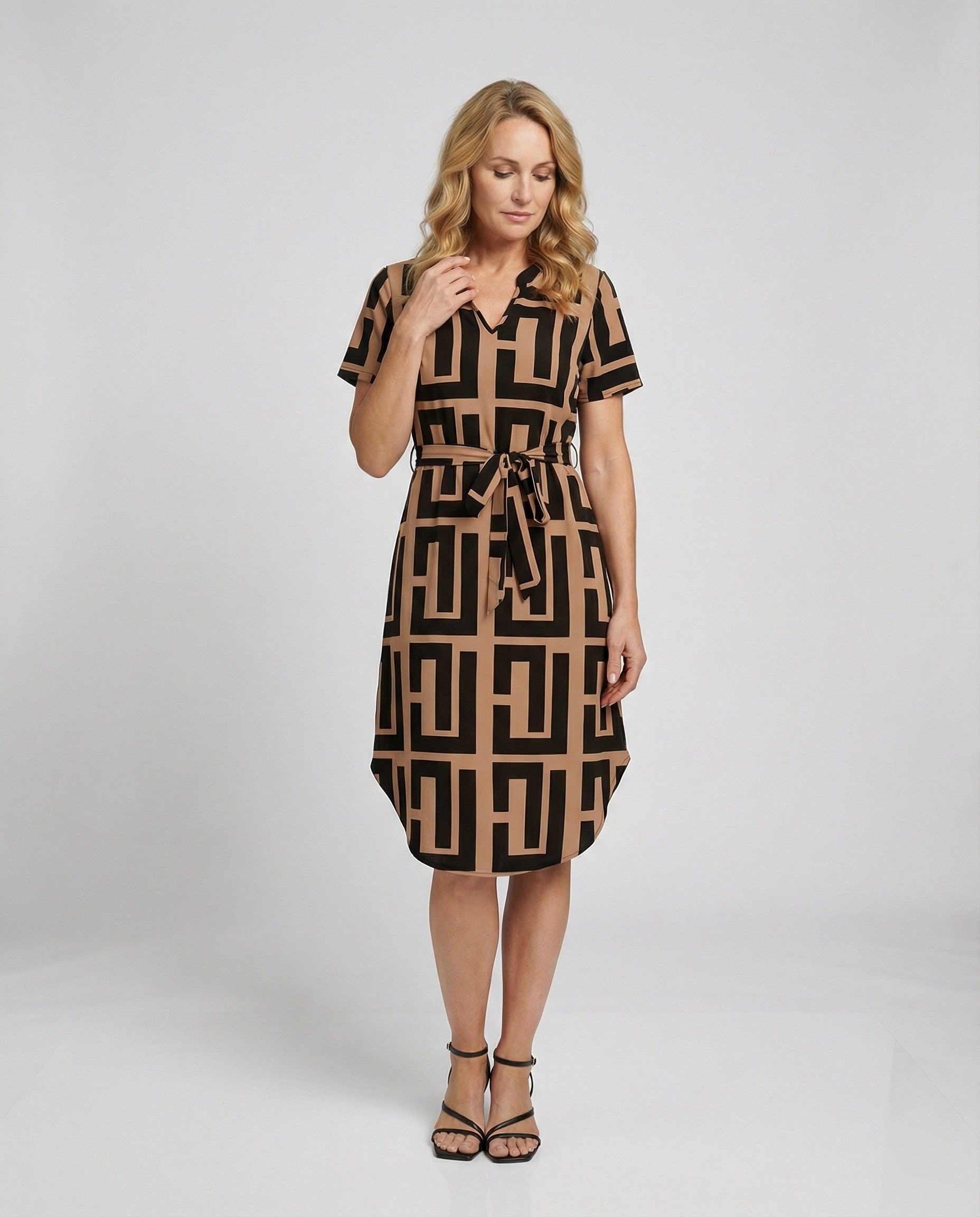 Damen Midikleid mit Muster und Gürtel