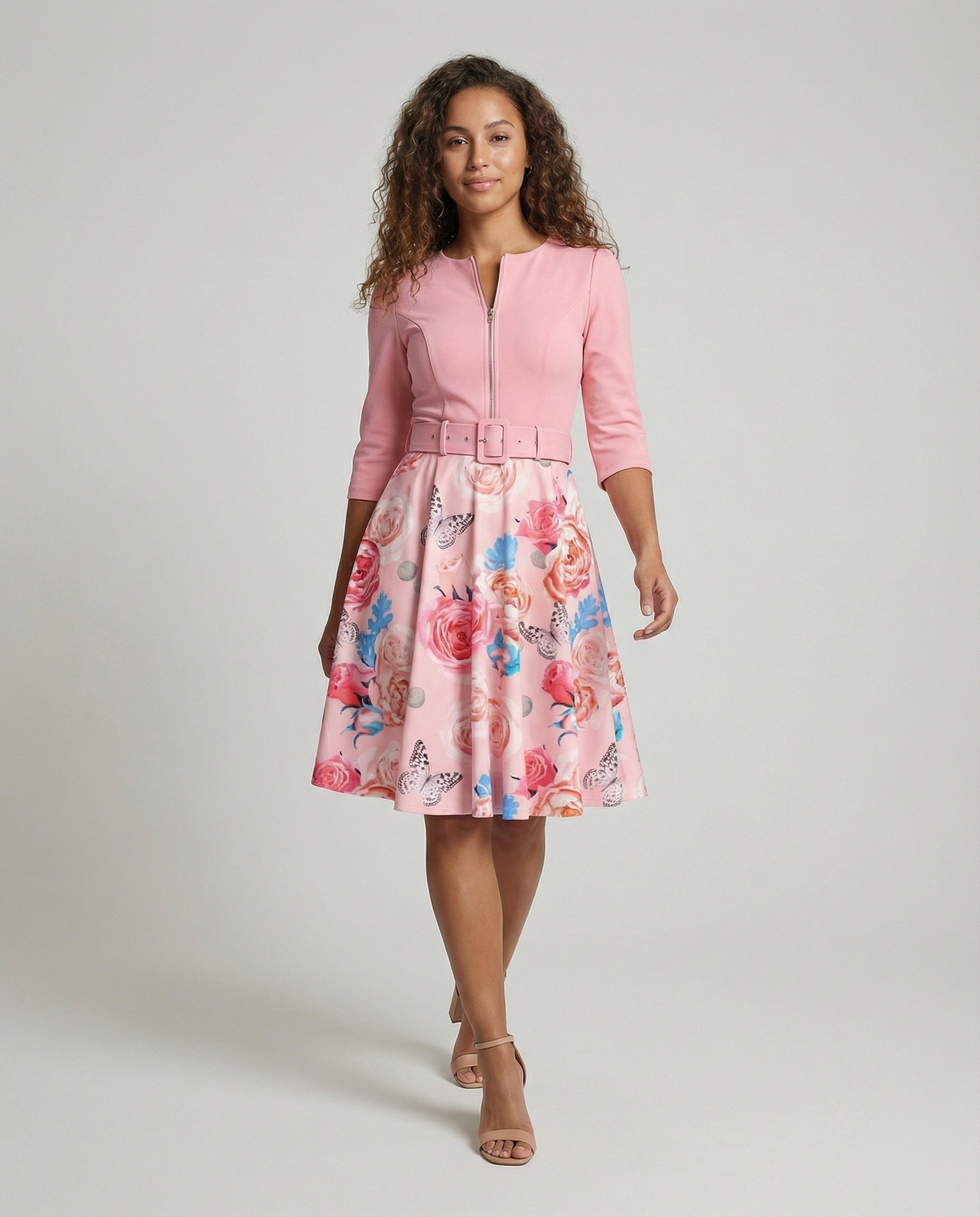 Damen A-Linien Kleid mit tailliertem Gürtel und floralem Muster R&B