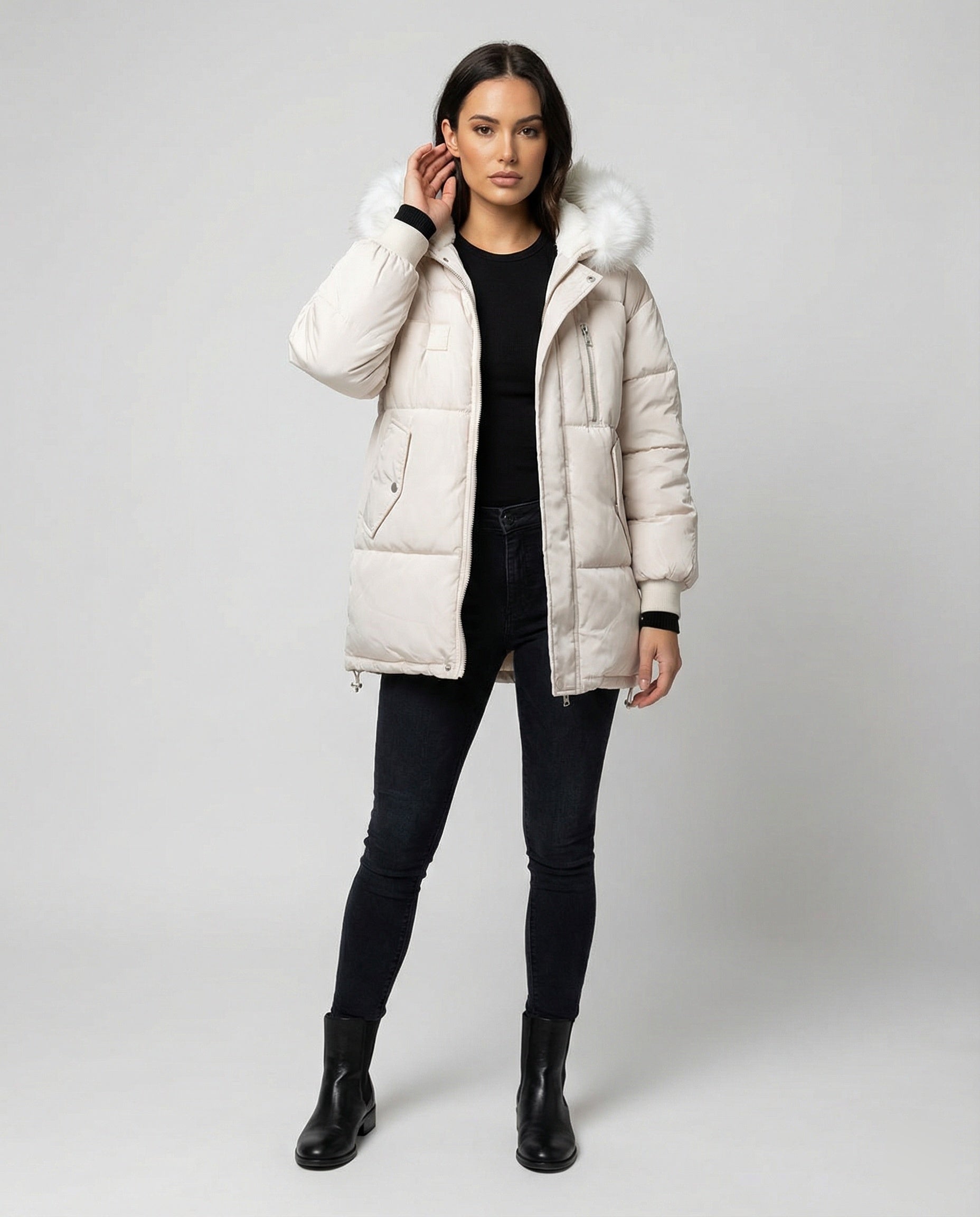 Steppjacke Damen Winter mit abnehmbarem Kunstpelzkragen