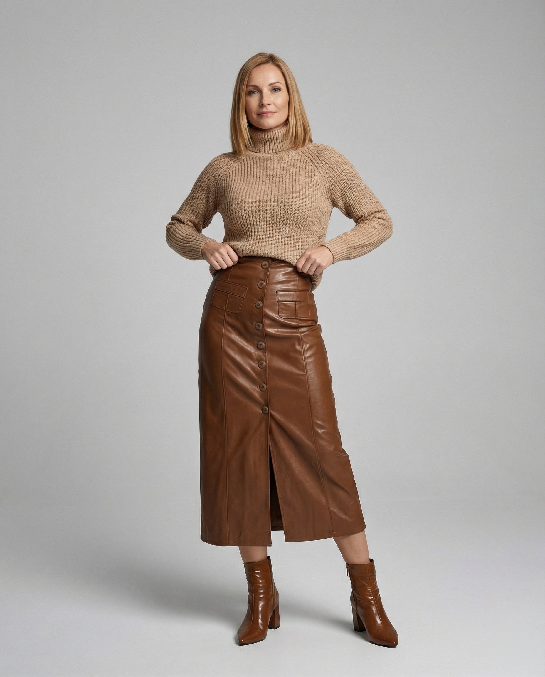 Damen langer Lederrock mit Knopfleiste