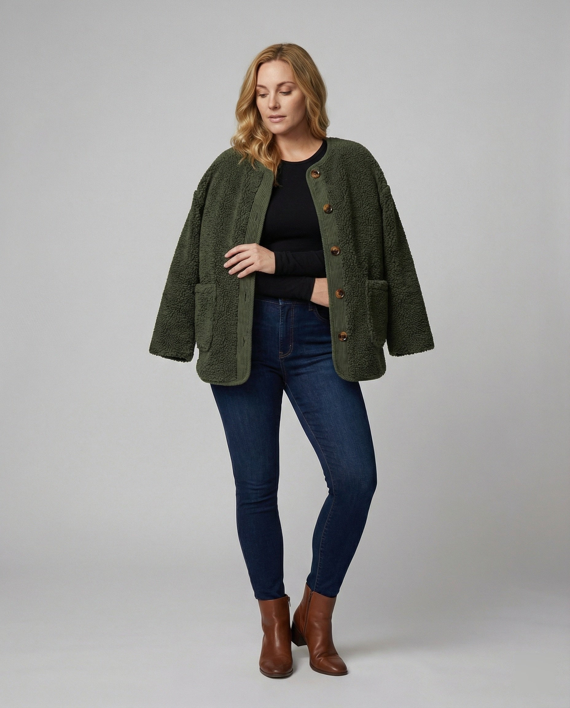R&B | Damen Warme Winterjacken - Lässige Langarm Button-up Fleecejacke aus Sherpa