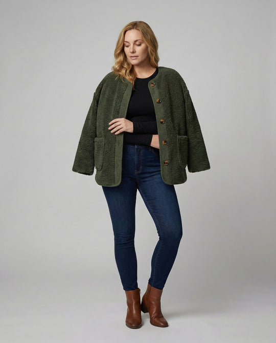 R&B | Damen Warme Winterjacken - Lässige Langarm Button-up Fleecejacke aus Sherpa