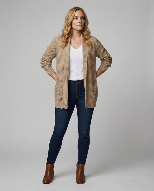 R&B | Strickjacke Weiches Strickmaterial Lockere Passform Offene Vorderseite Taschen Lange Ärmel
