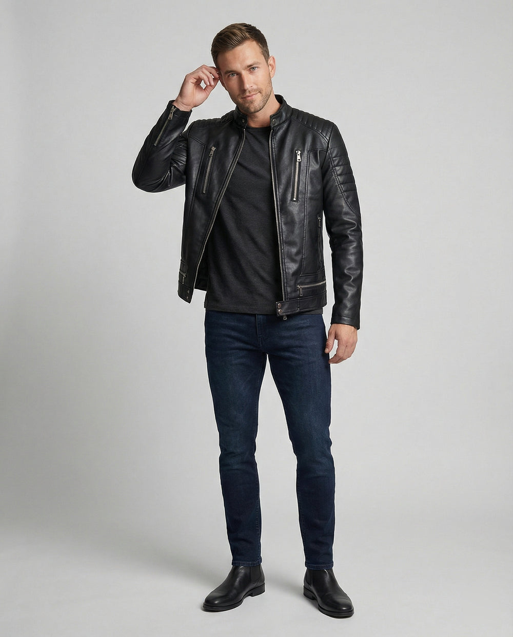 Herren Kunstleder Bikerjacke mit gesteppter Schulter R&B