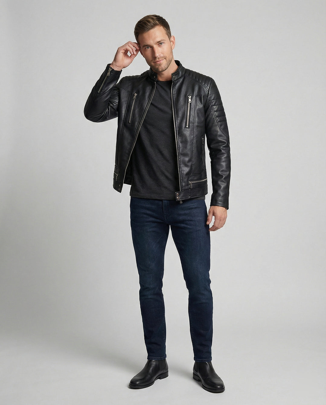 Herren Kunstleder Bikerjacke mit gesteppter Schulter R&B