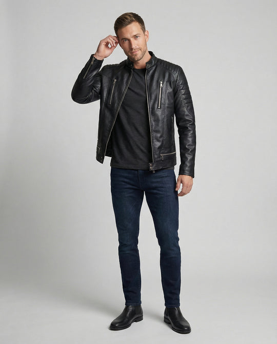 Herren Kunstleder Bikerjacke mit gesteppter Schulter R&B