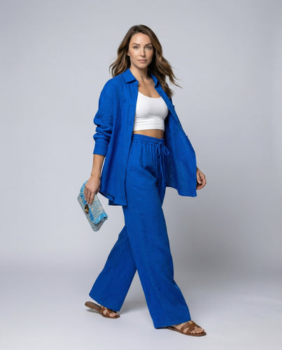 Damen Lässiges Leinen-Outfit mit weit geschnittenem Hemd und lockeren Hosen R&B