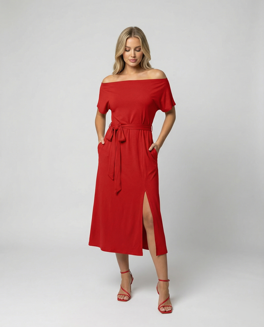 Damen Off-Shoulder Maxikleid mit Taillengürtel und seitlichem Schlitz R&B