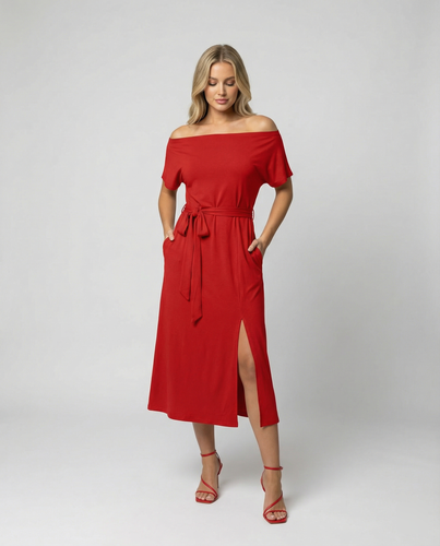 Damen Off-Shoulder Maxikleid mit Taillengürtel und seitlichem Schlitz R&B
