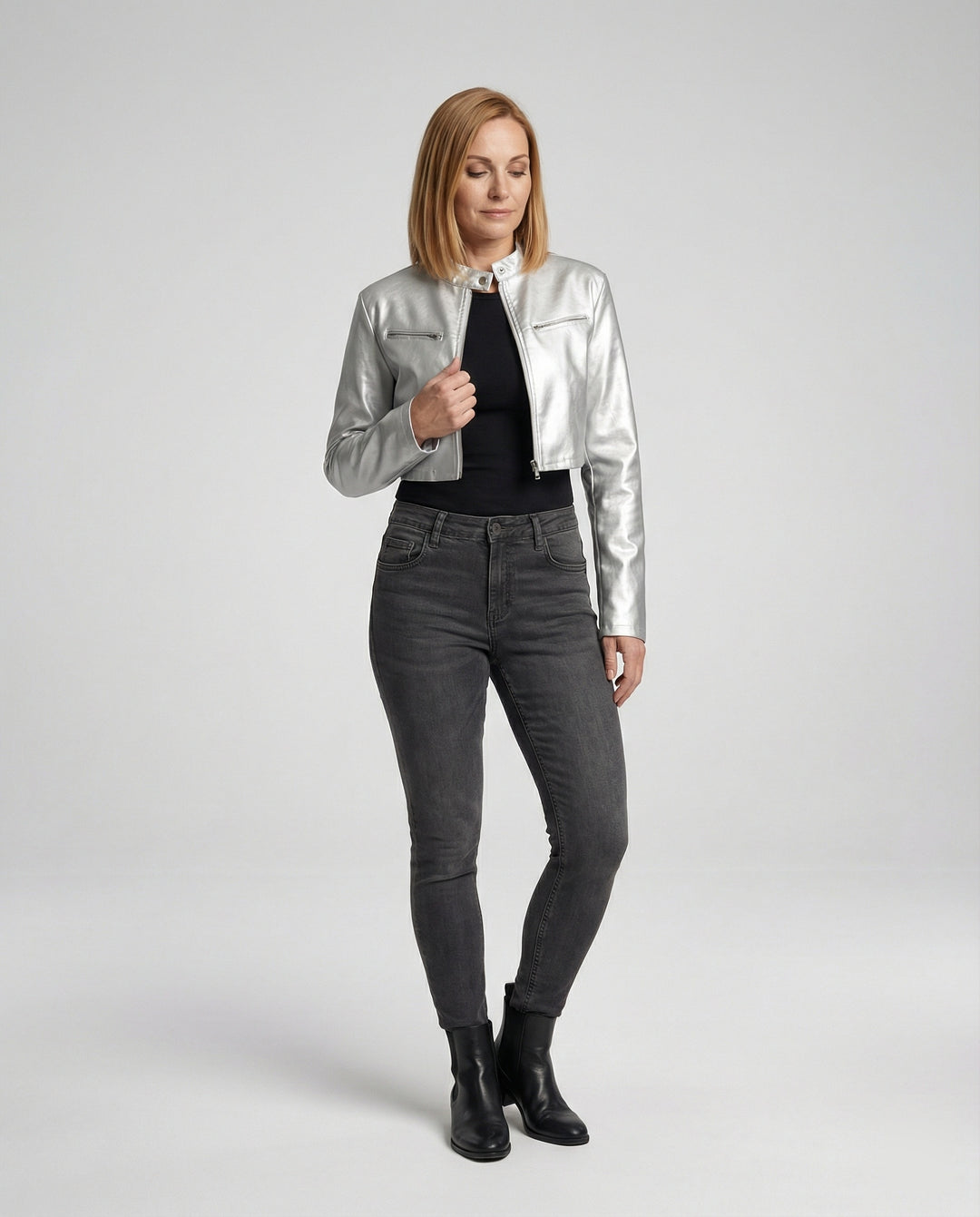 Damen Lederjacke Schwarz kurz