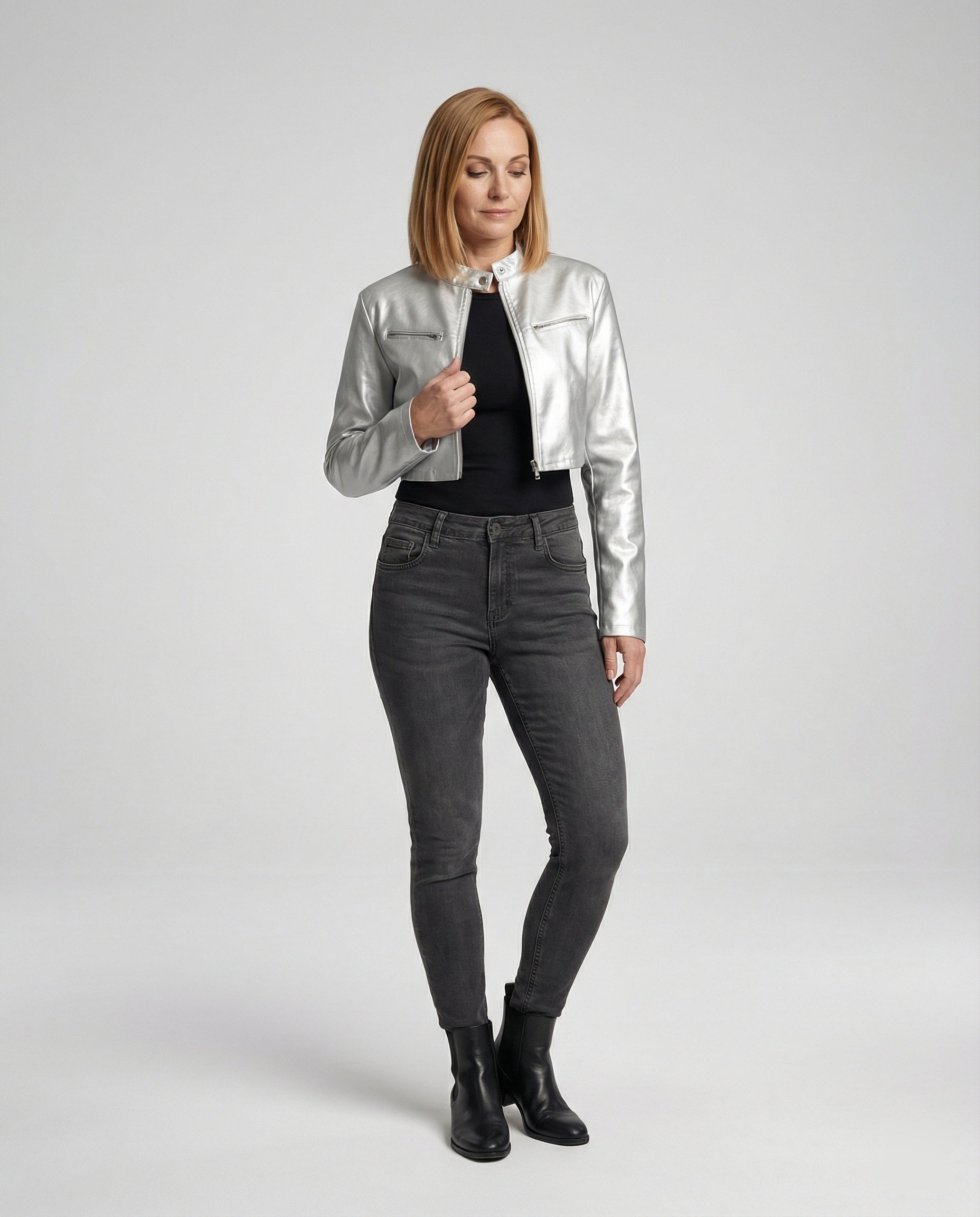 Damen Lederjacke Schwarz kurz